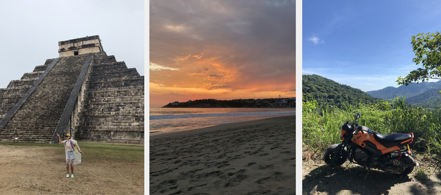 Слева направо: у пирамиды Чичен-Ица в Мексике, на пляже в городе Пуэрто-Эскондидо в Мексике и в окрестностях деревни Минка в Колумбии 